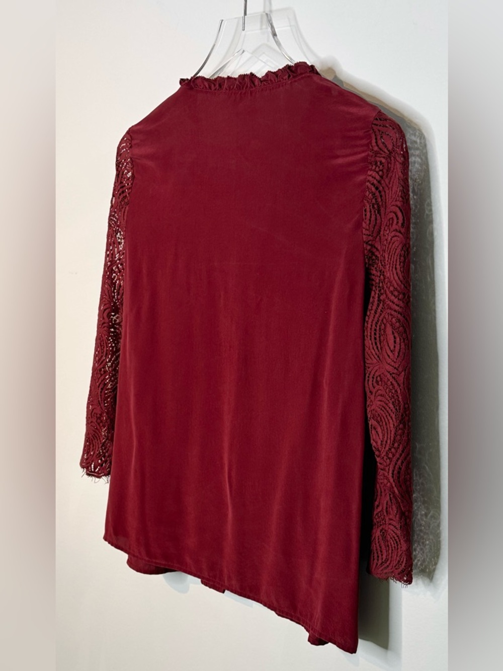 Sezane Margaret Bordeaux Red Silk Lace Sleeve Blouse Shirt Top - Picture 8 of 14